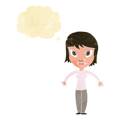 cartoon woman shrugging shoulders with thought bubble
