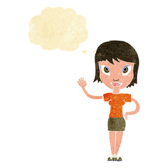 cartoon woman waving with thought bubble
