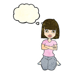 cartoon woman kneeling with thought bubble