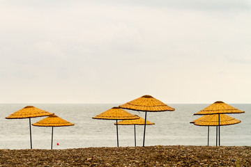 Yellow thatch sun umbrellas on a lonely beach