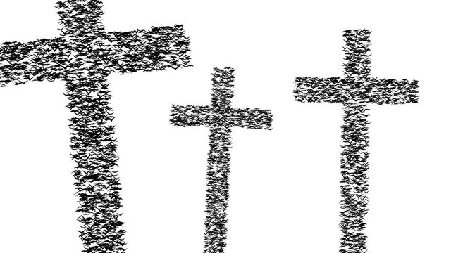 A duple flock of flying birds forms the grave crosses, looping animation