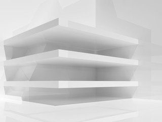 Abstract white room interior with empty shelves 3 d