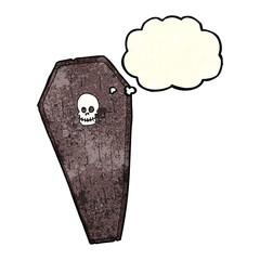 spooky cartoon coffin with thought bubble