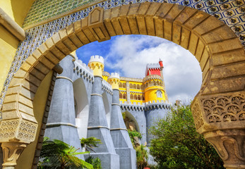 Pena palace, Sintra, Portugal, view through the entrance arch