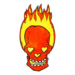 cartoon flaming skull with love heart eyes