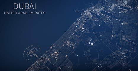 Obraz premium Cartina Dubai, vista satellitare, sezione 3d, Emirati Arabi Uniti