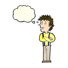 cartoon boy with folded arms with thought bubble