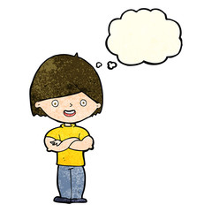 cartoon man with crossed arms with thought bubble