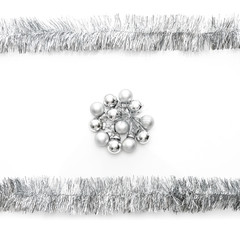 greeting card made of silver tinsel frame and silver christmas balls