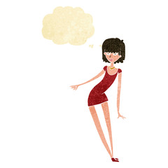 cartoon woman in dress leaning with thought bubble