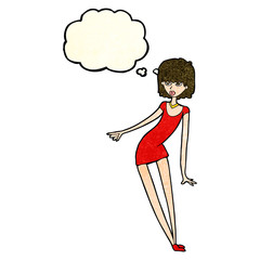 cartoon woman in dress leaning with thought bubble