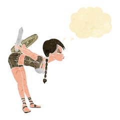 cartoon viking girl bowing with thought bubble