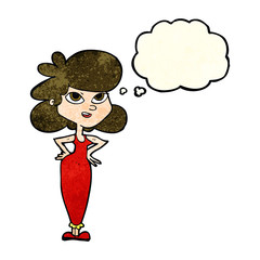 cartoon girl with hands on hips with thought bubble