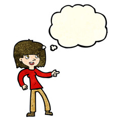 cartoon girl pointing with thought bubble
