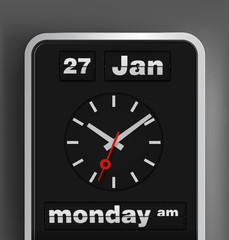 Flip calendar and analog timer on black background.