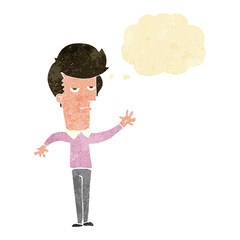 cartoon bored man waving with thought bubble