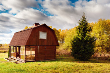 Small wooden house on a green field and trees on a background. 