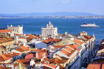 View over the roofs of downtown Lisbon to Tagus river, Portugal
