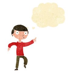 cartoon boy pointing with thought bubble