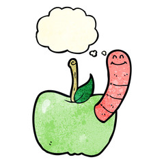 cartoon apple with worm with thought bubble