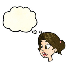 cartoon friendly woman with thought bubble