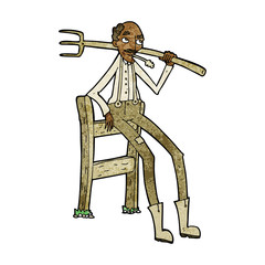 cartoon old farmer leaning on fence