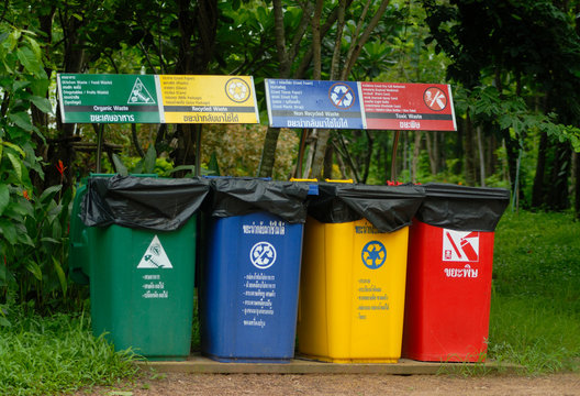 colorful bins in the park