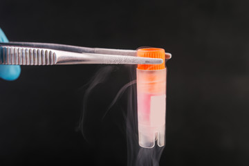 scientist holding  cryotube with cell suspension  on liquid nitrogen bank.