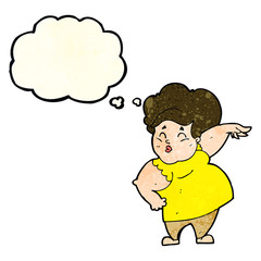 cartoon happy overweight lady with thought bubble