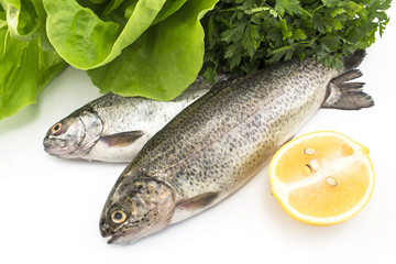 Two rainbow trout with lemon, parsley and lettuce