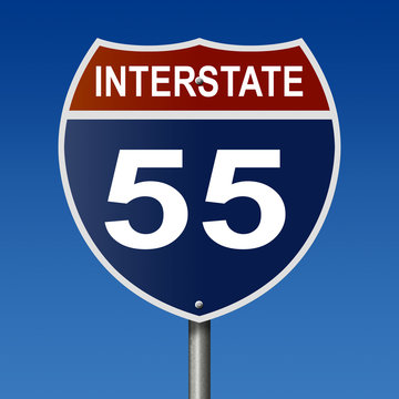 Sign for Interstate 55, part of the National Highway System, which travels from Illinois to Louisiana