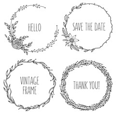 Vector vintage wreaths. Collection of trendy cute floral frames.