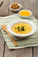 Broccoli Cheddar Soup. Selective focus.