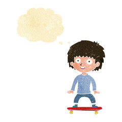 cartoon boy on skateboard with thought bubble