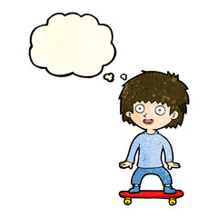 cartoon boy on skateboard with thought bubble