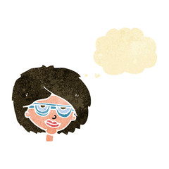 cartoon woman wearing spectacles with thought bubble