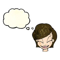 cartoon pretty female face with thought bubble