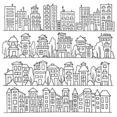 Sketch big city architecture with houses, skyscrapers, trees. Panorama set of streets in a row. Hand-drawn vector illustration isolated on white and organized in groups for easy editing.