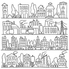 Sketch big city architecture with houses, factory, trees, cars. Panorama set of streets in a row. Hand-drawn vector illustration isolated on white and organized in groups for easy editing.