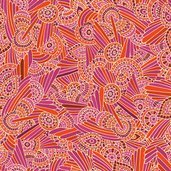 Psychedelic seamless abstract texture. Endless hand drawn background. Ethnic pattern with red stripes and pink leaves. Vector backdrop. Bright doodle pattern. Use for wallpaper, web page background.