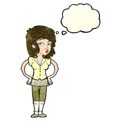 cartoon pretty woman with hands on hips with thought bubble