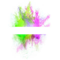 Fototapeta na wymiar Launched colorful powder on white background