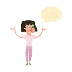 cartoon woman holding up hands with thought bubble