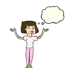 cartoon woman holding up hands with thought bubble