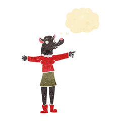 cartoon pointing werewolf woman with thought bubble