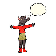 cartoon pointing werewolf woman with thought bubble