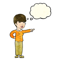 cartoon woman pointing finger of blame with thought bubble