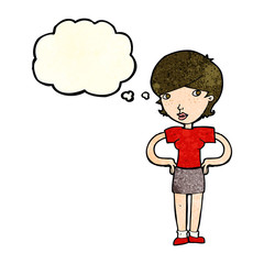cartoon woman with hands on hips with thought bubble