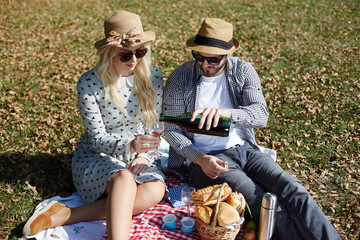 Beautiful Young Couple Having Picnic in Countryside. Happy Famil