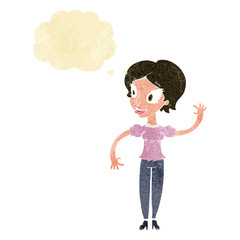 cartoon woman waving with thought bubble